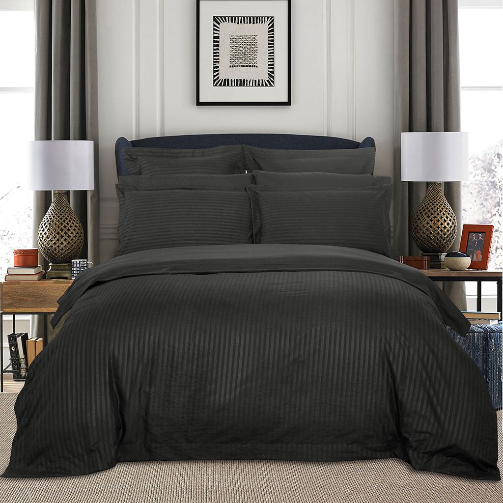 Duvet Covers: 1000TC Ultra Soft Striped King Size Charcoal Duvet Quilt Cover Set