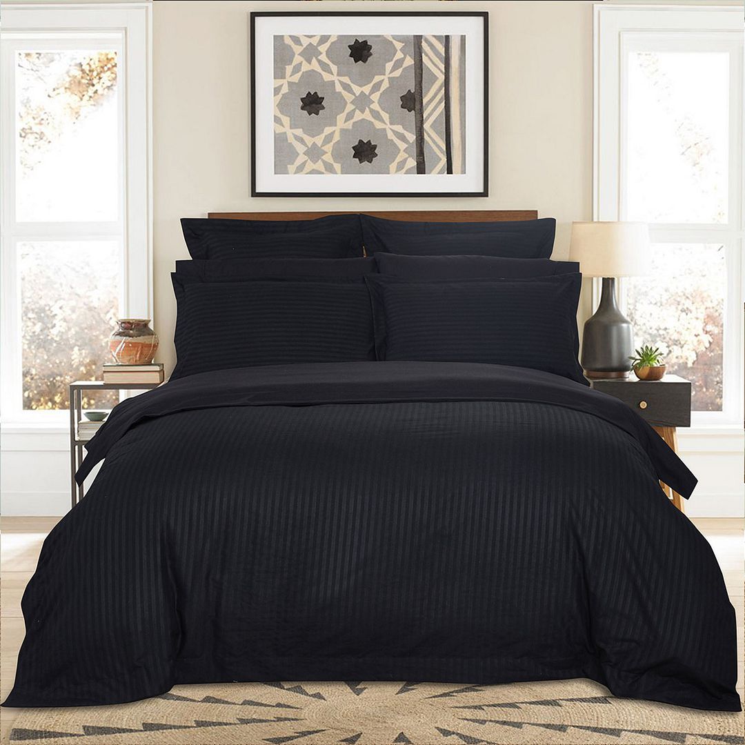 Duvet Covers: 1000TC Ultra Soft Striped Queen Size Black Duvet Quilt Cover Set
