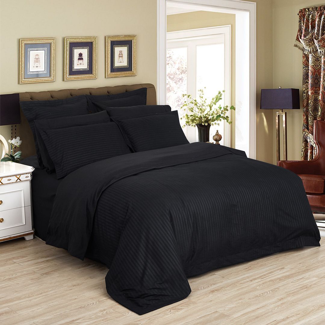 Duvet Covers: 1000TC Ultra Soft Striped Queen Size Black Duvet Quilt Cover Set