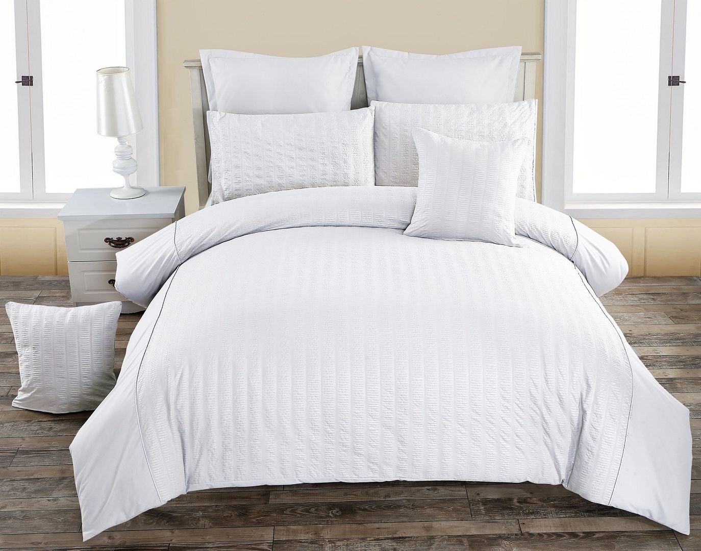 Duvet Covers: Seersucker King Size White Duvet Quilt Cover Set