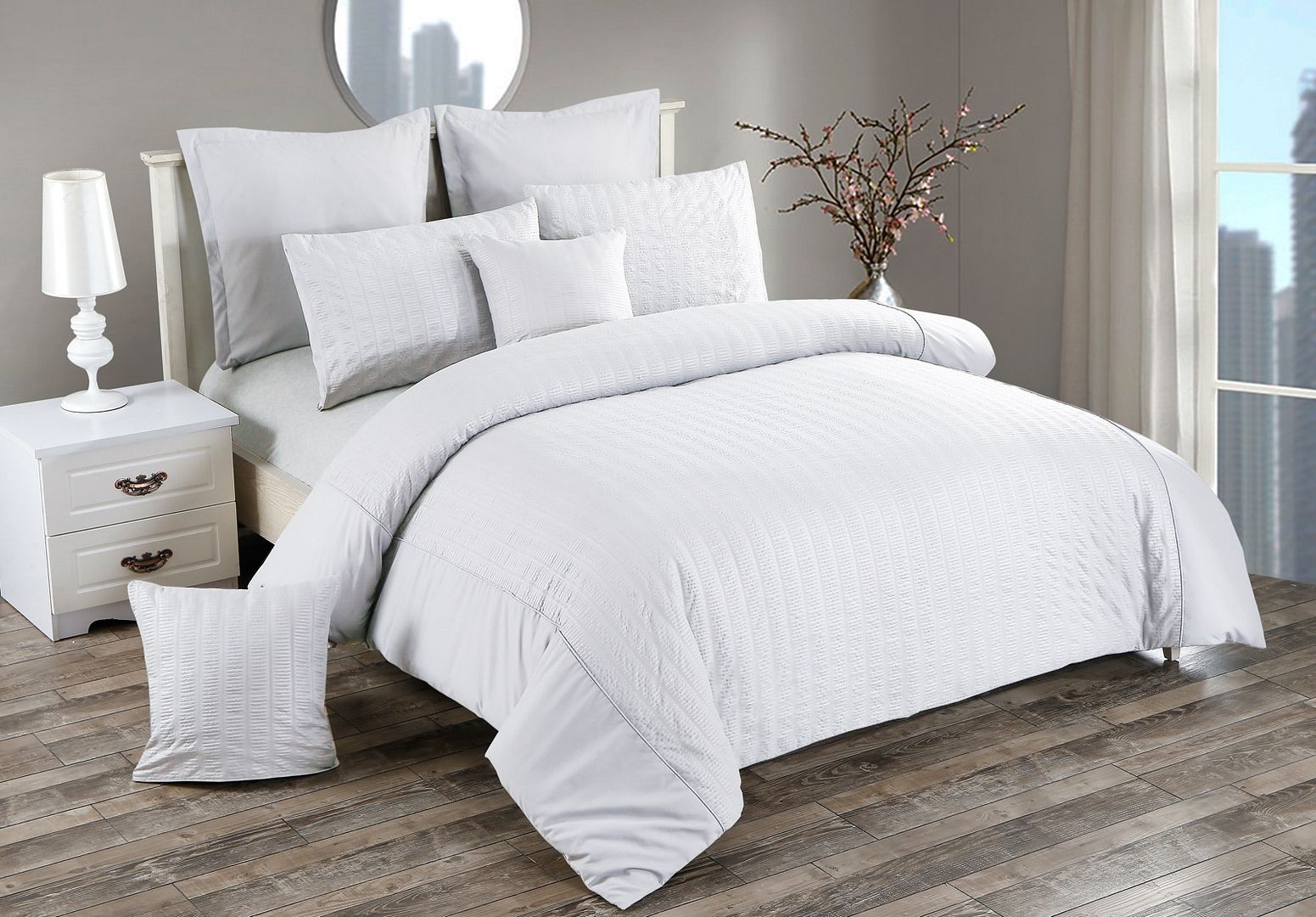 Duvet Covers: Seersucker King Size White Duvet Quilt Cover Set