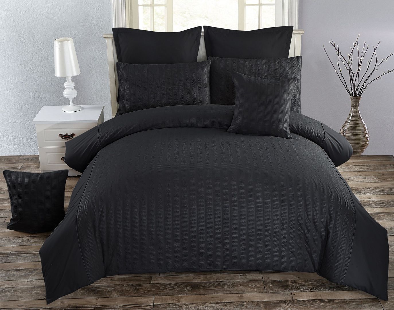 Duvet Covers: Seersucker Queen Size Black Duvet Quilt Cover Set