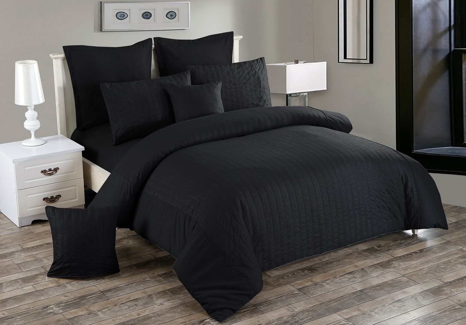 Duvet Covers: Seersucker Queen Size Black Duvet Quilt Cover Set
