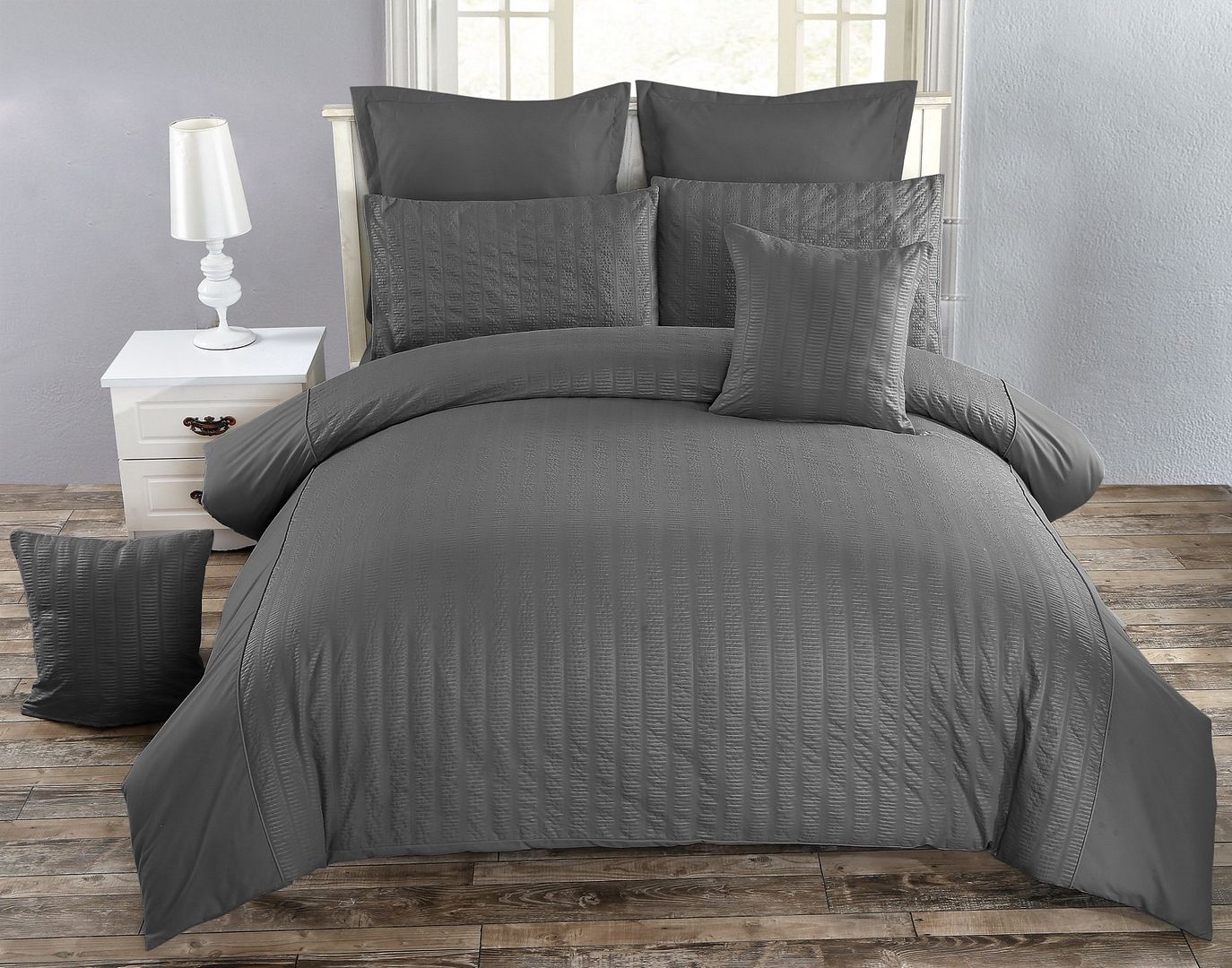 Duvet Covers: Seersucker Queen Size Charcoal Duvet Quilt Cover Set