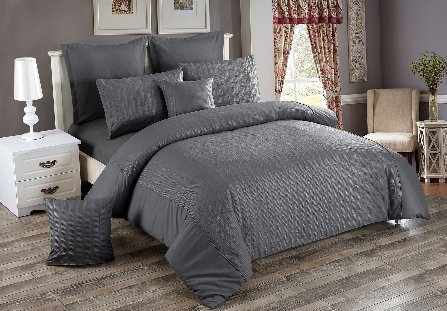 Duvet Covers: Seersucker Queen Size Charcoal Duvet Quilt Cover Set