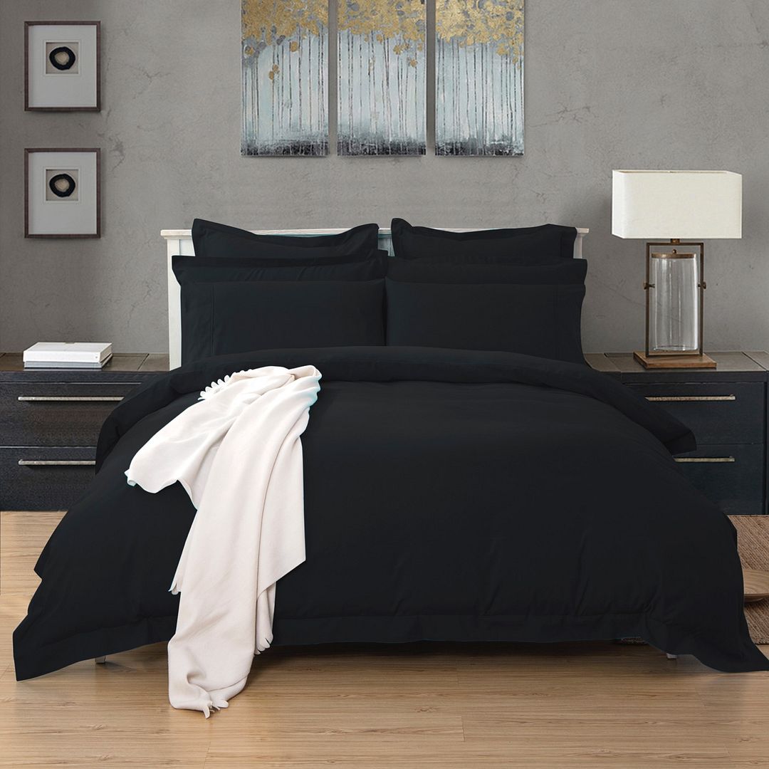 Duvet Covers: 1000TC Tailored Super King Size Black Duvet Quilt Cover Set