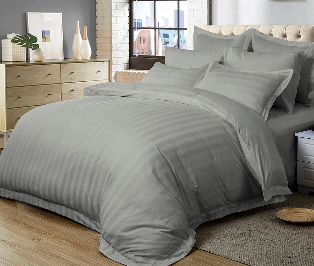 Duvet Covers: 1000TC Ultra Soft Striped Super King Size Grey Duvet Quilt Cover Set