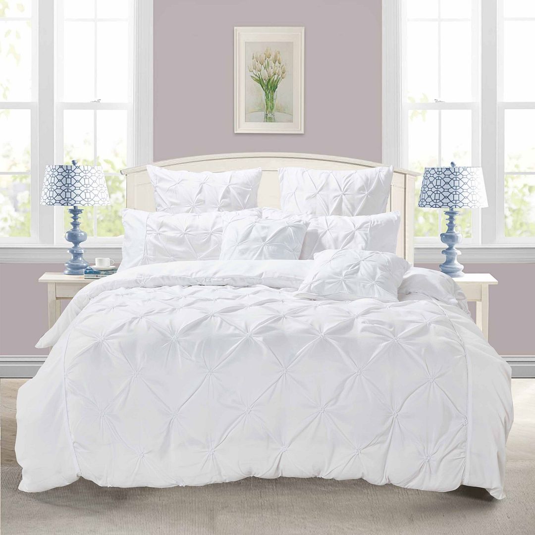 Duvet Covers: Diamond Pintuck Super King Size White Duvet Quilt Cover Set