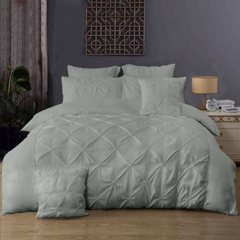 Duvet Covers: Diamond Pintuck Super King Size Grey Duvet Quilt Cover Set