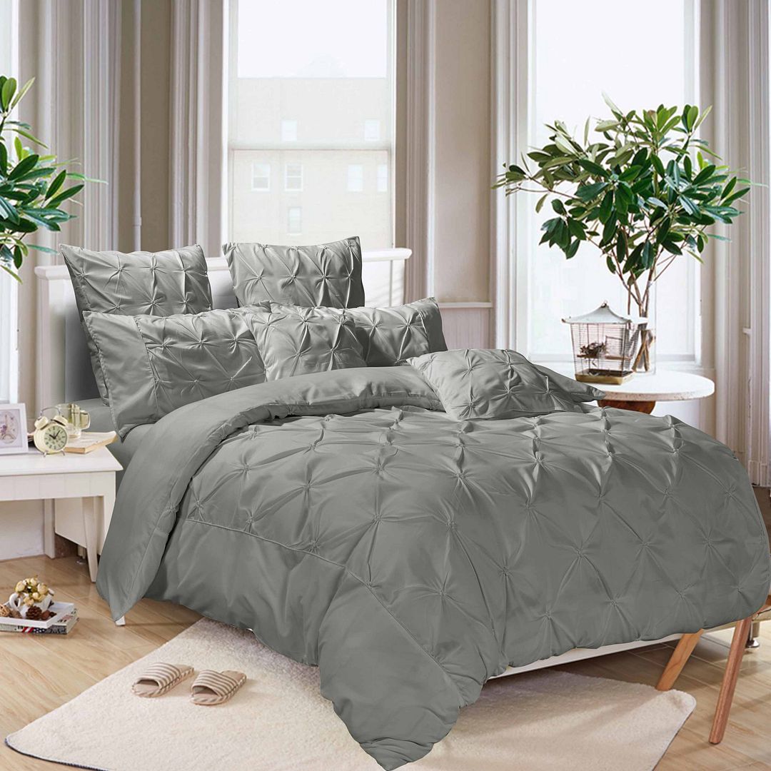 Duvet Covers: Diamond Pintuck Super King Size Grey Duvet Quilt Cover Set
