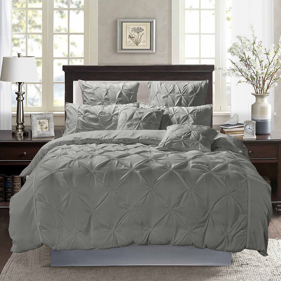 Duvet Covers: Diamond Pintuck Super King Size Grey Duvet Quilt Cover Set
