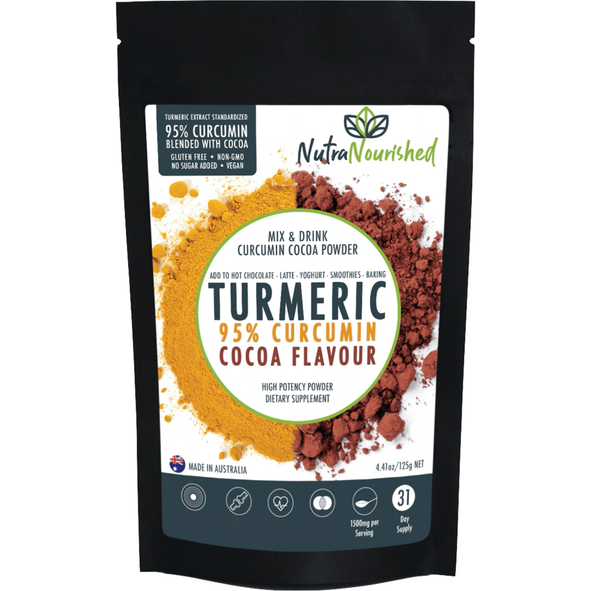 95% Organic Curcumin Extract Cocoa Flavour - Turmeric Powder With Black Pepper - Organic and with Black Pepper, 125g