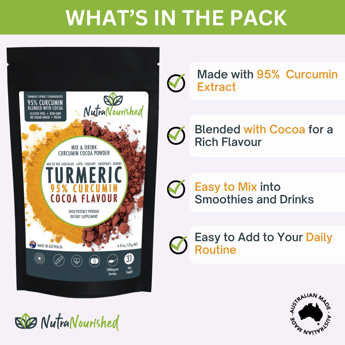 95% Organic Curcumin Extract Cocoa Flavour - Turmeric Powder With Black Pepper - Organic and with Black Pepper, 125g
