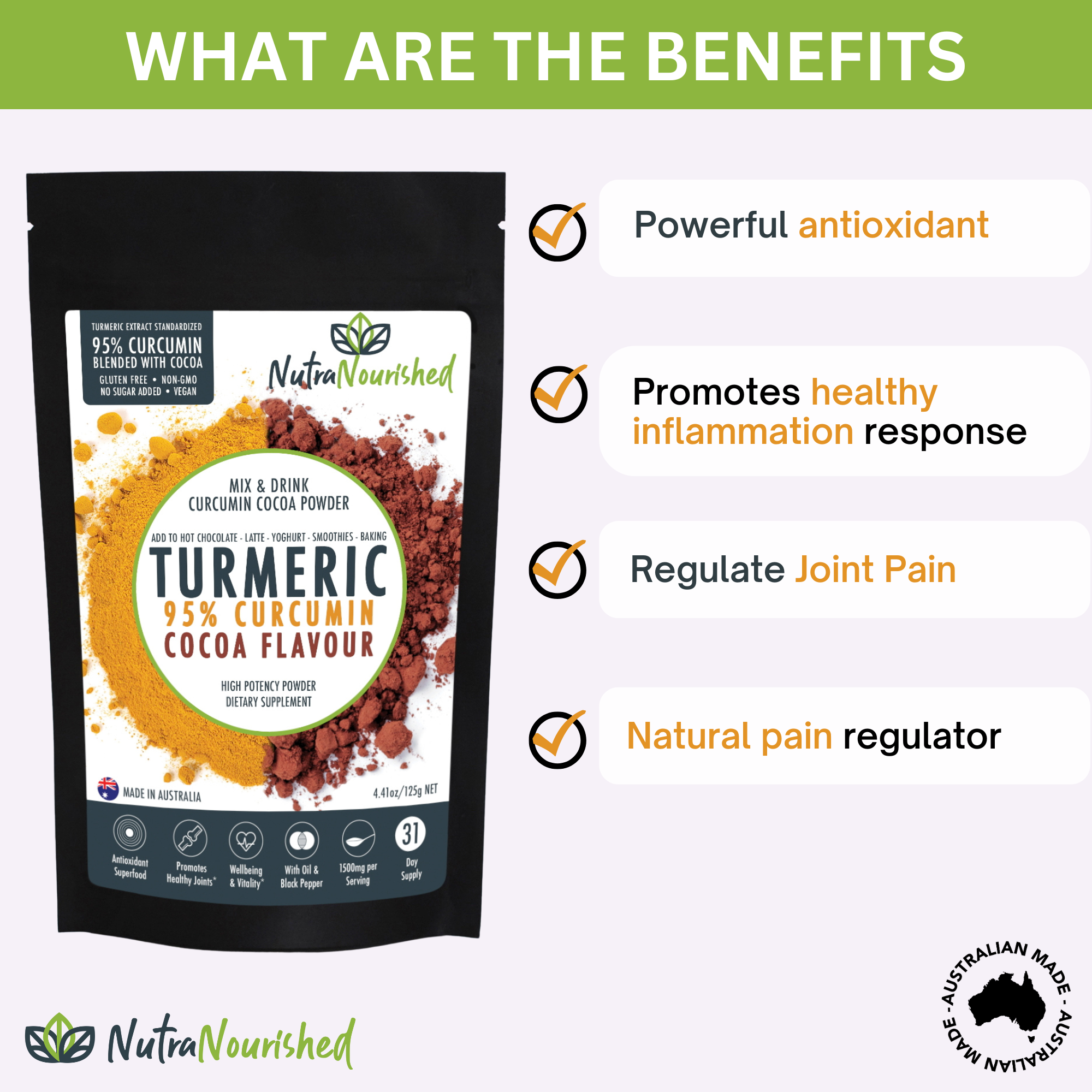 Vitamins & Supplements: 95% Organic Curcumin Extract Cocoa Flavour - Turmeric Powder With Black Pepper - Organic and with Black Pepper, 125g