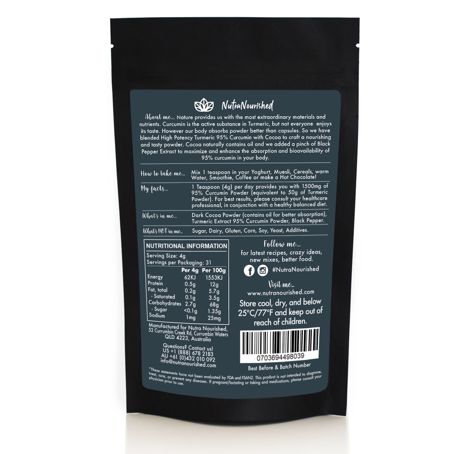 Vitamins & Supplements: 95% Organic Curcumin Extract Cocoa Flavour - Turmeric Powder With Black Pepper - Organic and with Black Pepper, 125g