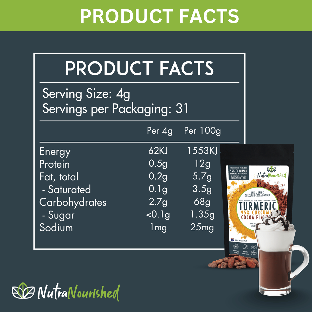 95% Organic Curcumin Extract Cocoa Flavour - Turmeric Powder With Black Pepper - Organic and with Black Pepper - 375g