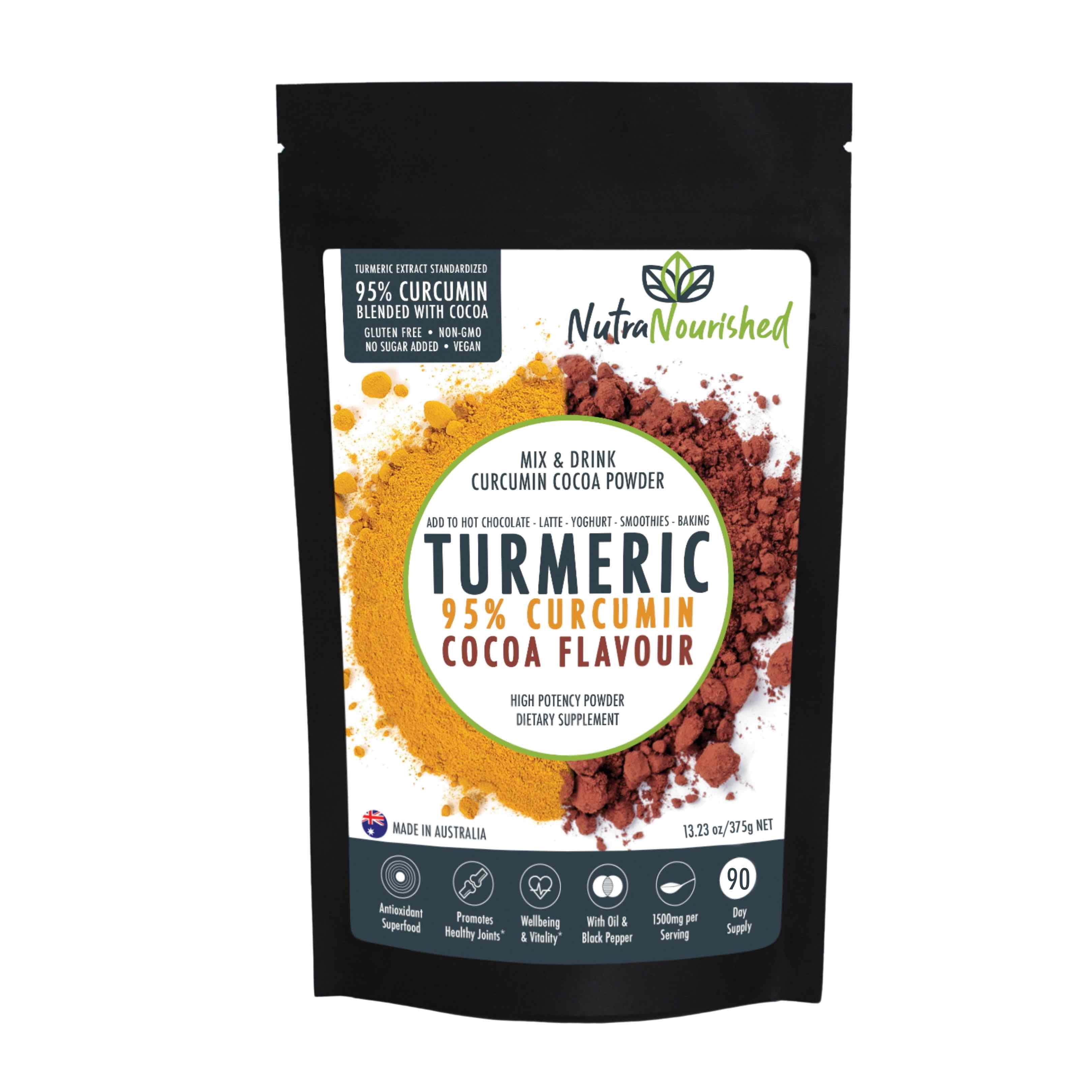 Vitamins & Supplements: 95% Organic Curcumin Extract Cocoa Flavour - Turmeric Powder With Black Pepper - Organic and with Black Pepper - 375g