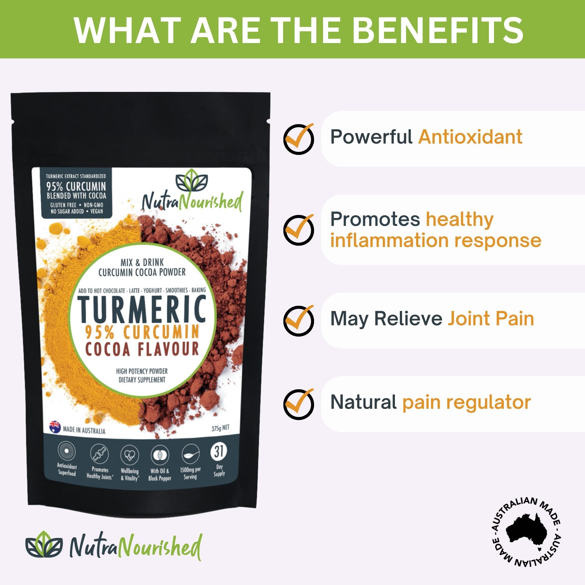 Vitamins & Supplements: 95% Organic Curcumin Extract Cocoa Flavour - Turmeric Powder With Black Pepper - Organic and with Black Pepper - 375g