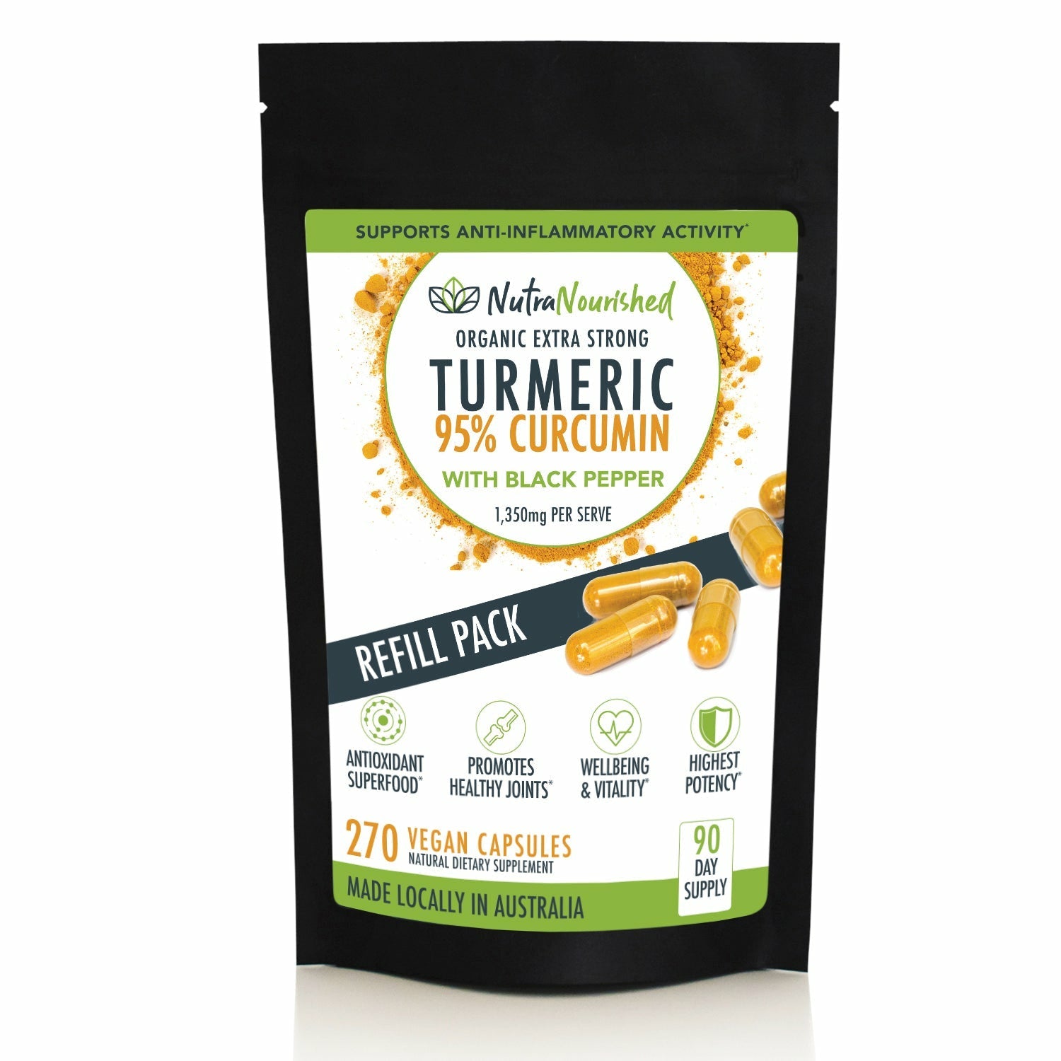 Vitamins & Supplements: REFILL BAG - Turmeric 95% Curcumin Extract Capsules, Organic, with Black Pepper, 270 Vegan Capsules/ 3 Month Supply