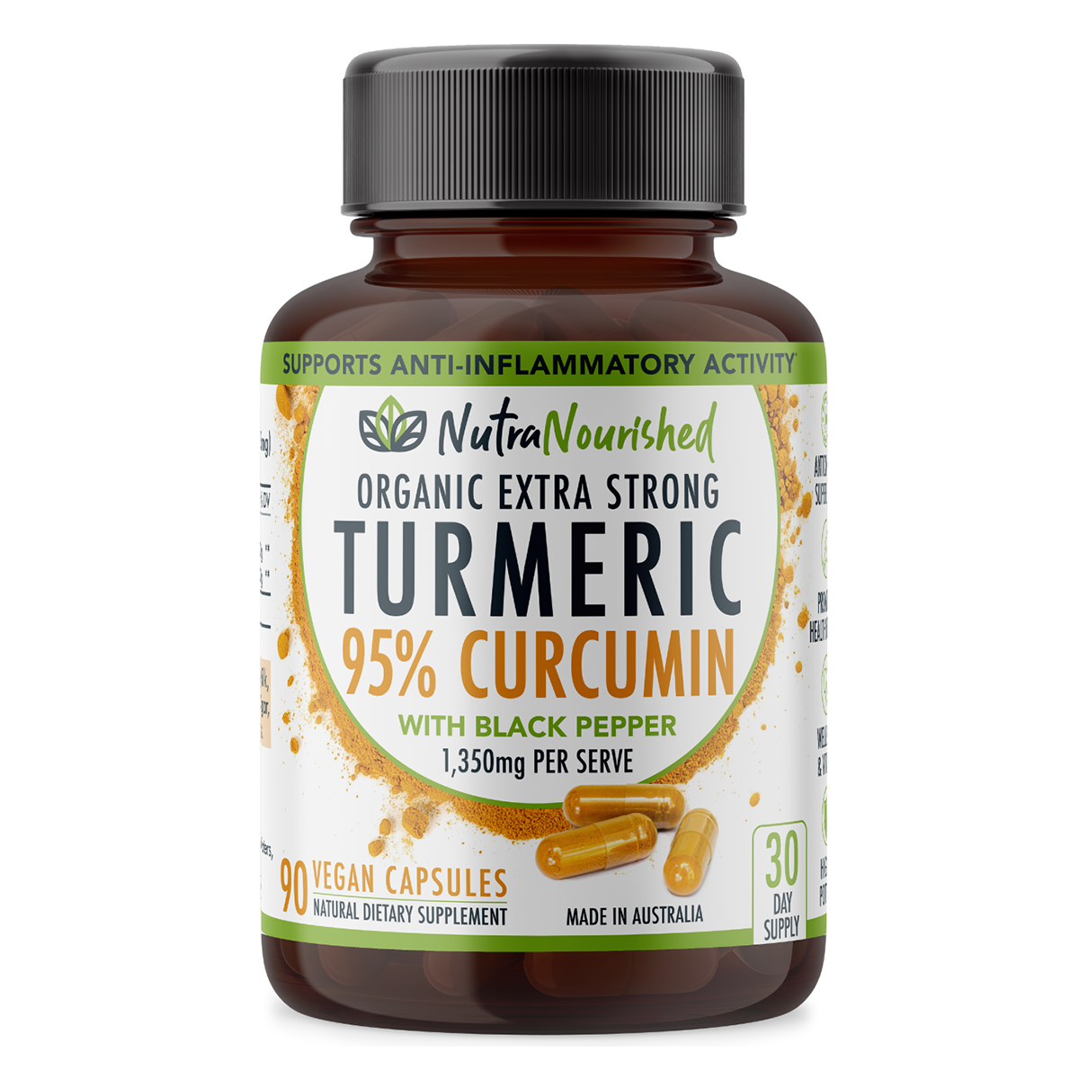 Vitamins & Supplements: Curcumin Tablets - 95% Pure Organic Vegan - Turmeric Extract Buffered with Black Pepper (1,350mg) - 90 Vegan Capsules