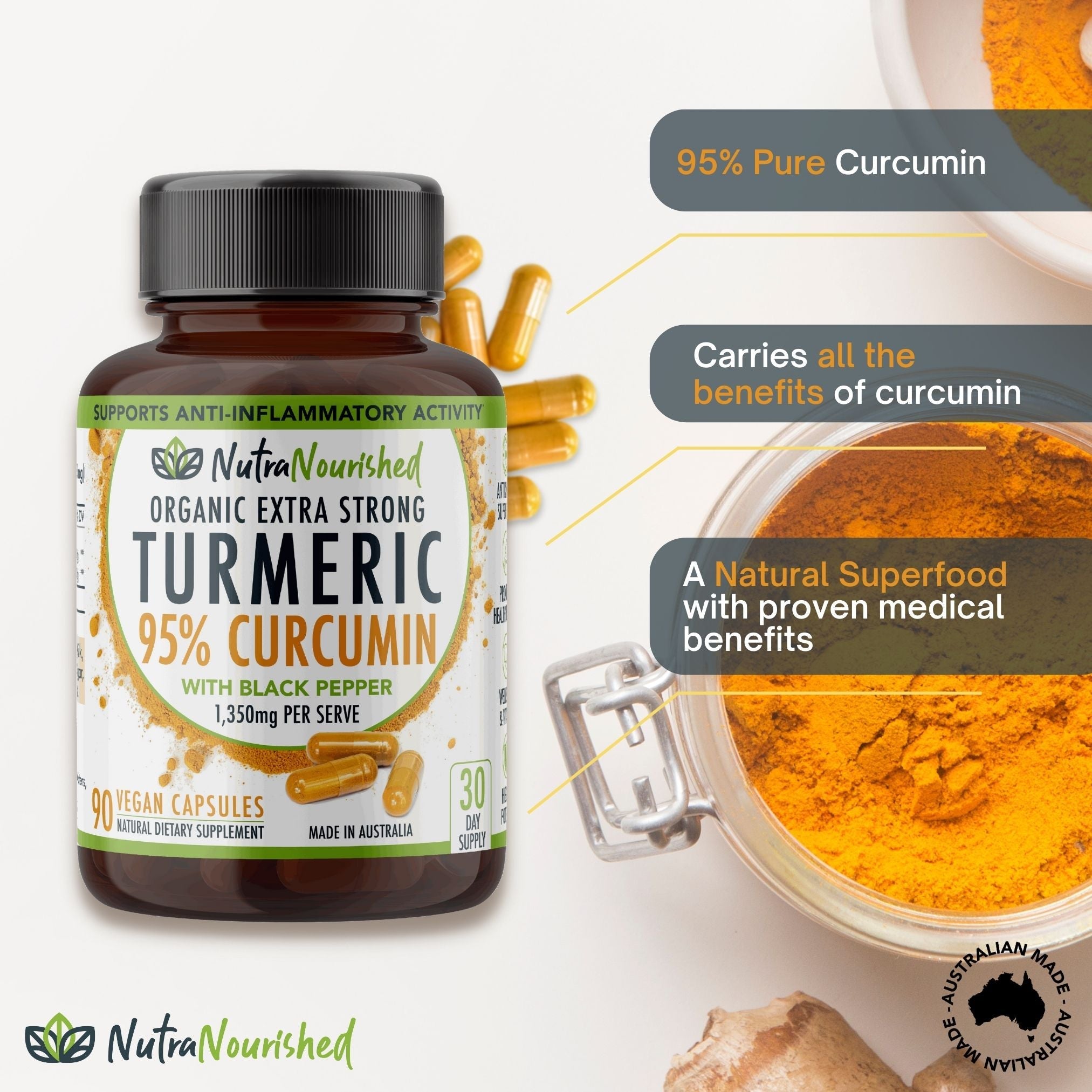 Vitamins & Supplements: Curcumin Tablets - 95% Pure Organic Vegan - Turmeric Extract Buffered with Black Pepper (1,350mg) - 90 Vegan Capsules