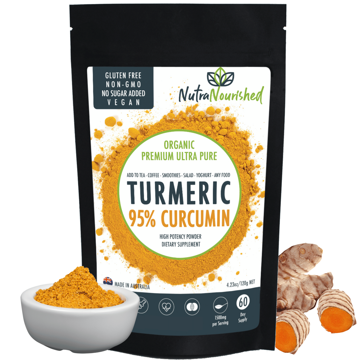 Pure Organic 95% Curcumin Powder (120g/2 months supply), Black