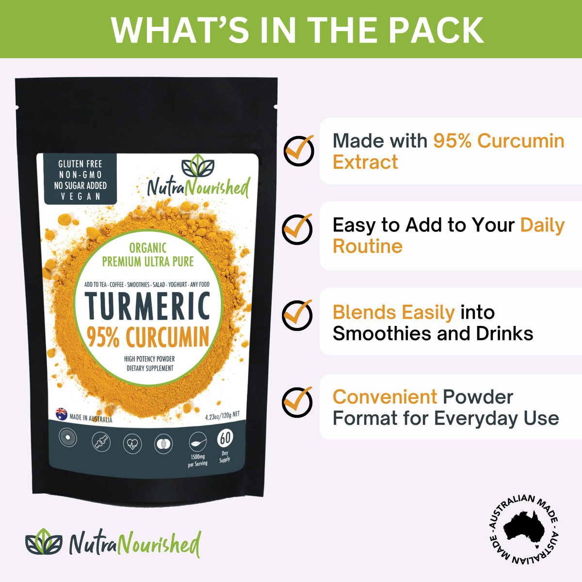 Pure Organic 95% Curcumin Powder (120g/2 months supply), Black