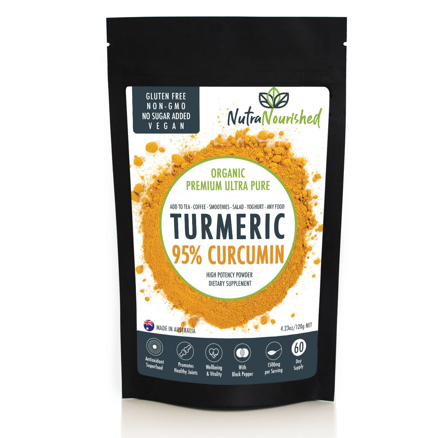 Vitamins & Supplements: Pure Organic 95% Curcumin Powder (120g/2 months supply) - 1500mg of Turmeric Extract Buffered with Black Pepper