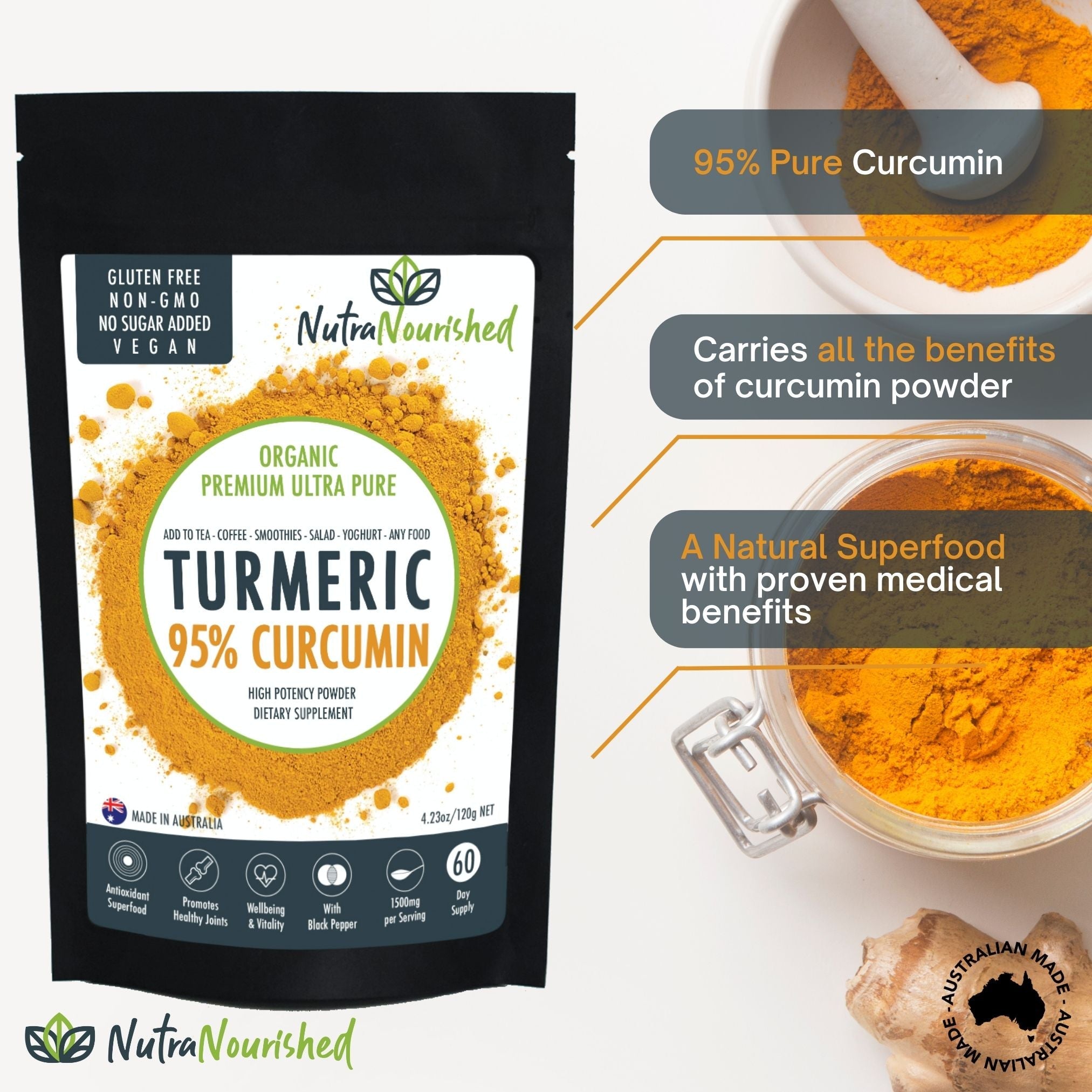 Vitamins & Supplements: Pure Organic 95% Curcumin Powder (120g/2 months supply) - 1500mg of Turmeric Extract Buffered with Black Pepper
