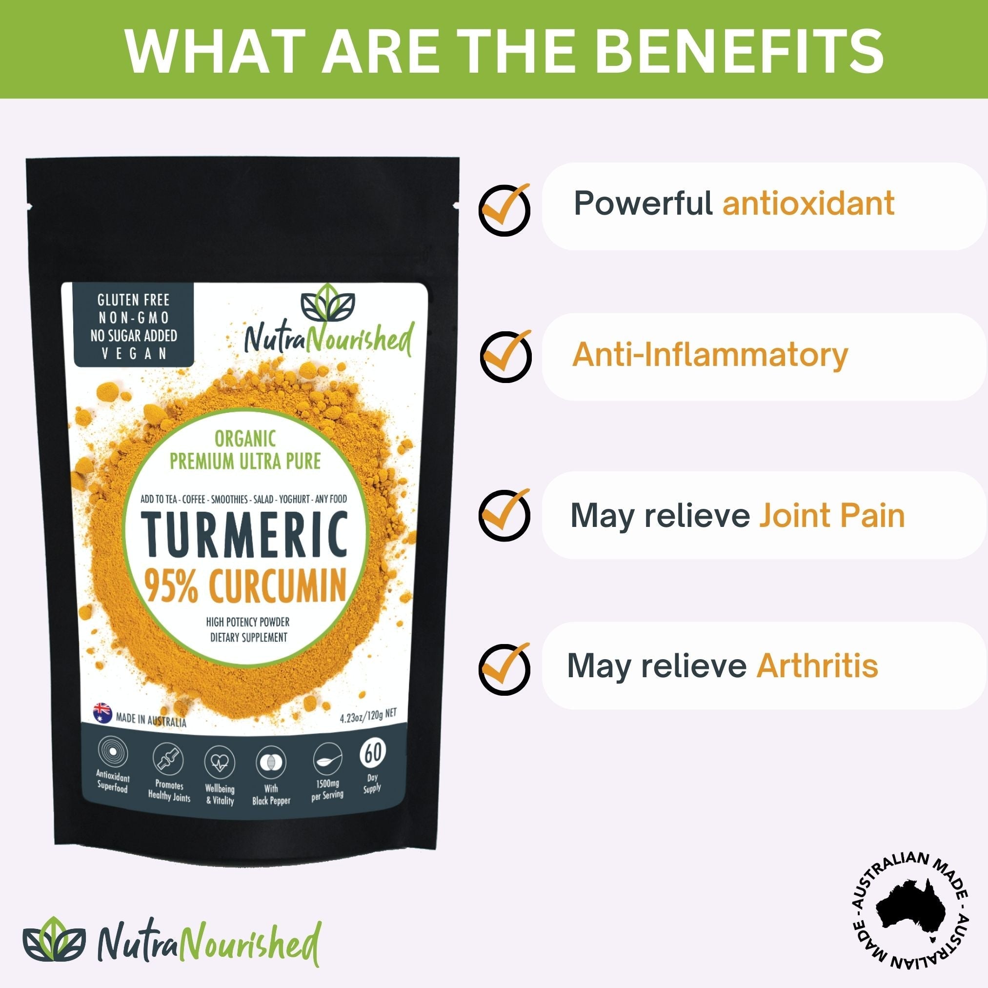 Vitamins & Supplements: Pure Organic 95% Curcumin Powder (120g/2 months supply) - 1500mg of Turmeric Extract Buffered with Black Pepper