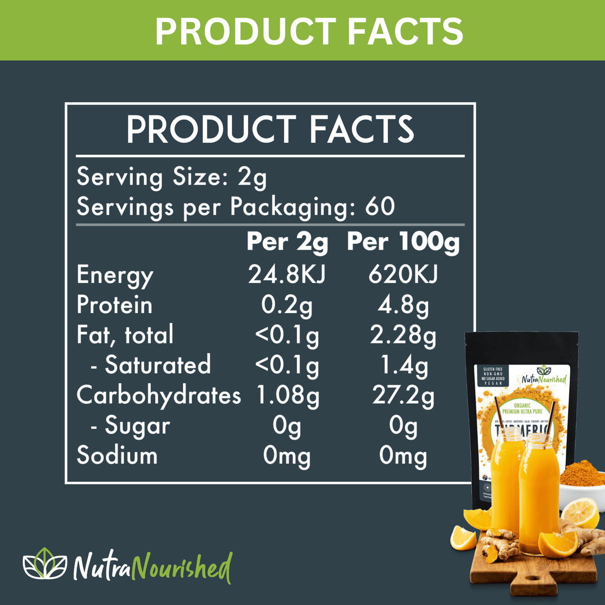 Pure Organic 95% Curcumin Powder (60g/1 month supply) - 1500mg of Turmeric Extract Buffered with Black Pepper