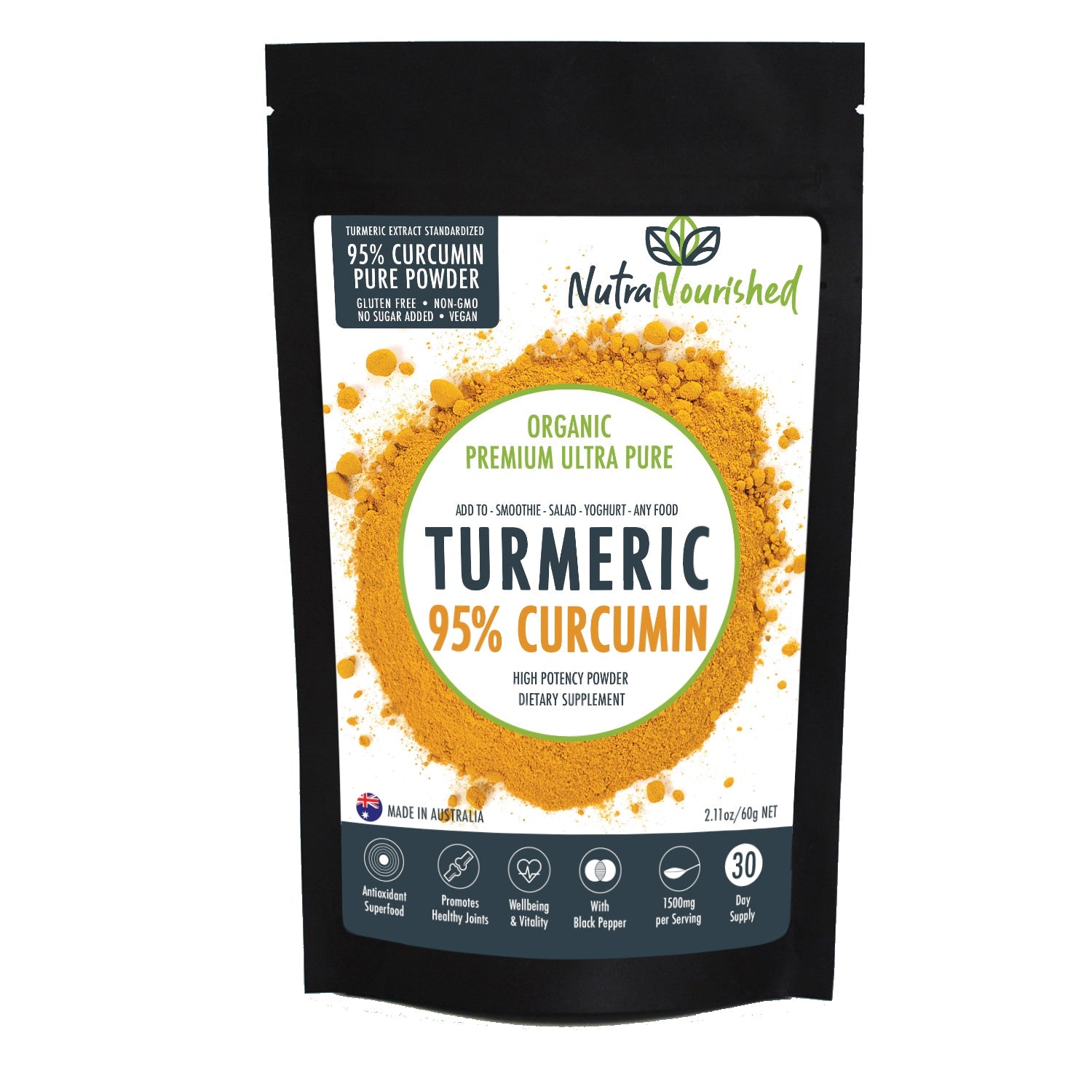 Vitamins & Supplements: Pure Organic 95% Curcumin Powder (60g/1 month supply) - 1500mg of Turmeric Extract Buffered with Black Pepper