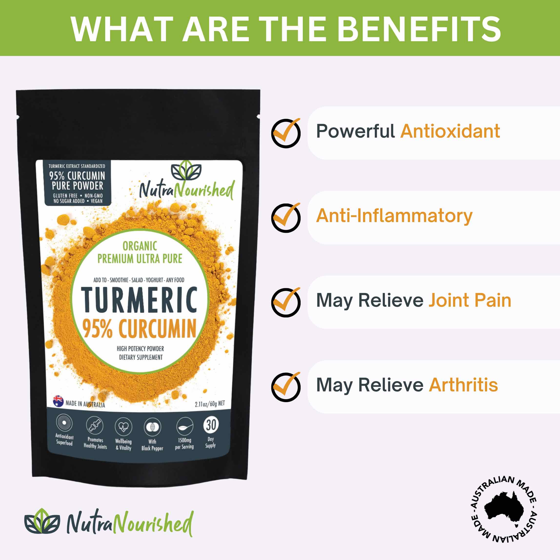 Vitamins & Supplements: Pure Organic 95% Curcumin Powder (60g/1 month supply) - 1500mg of Turmeric Extract Buffered with Black Pepper