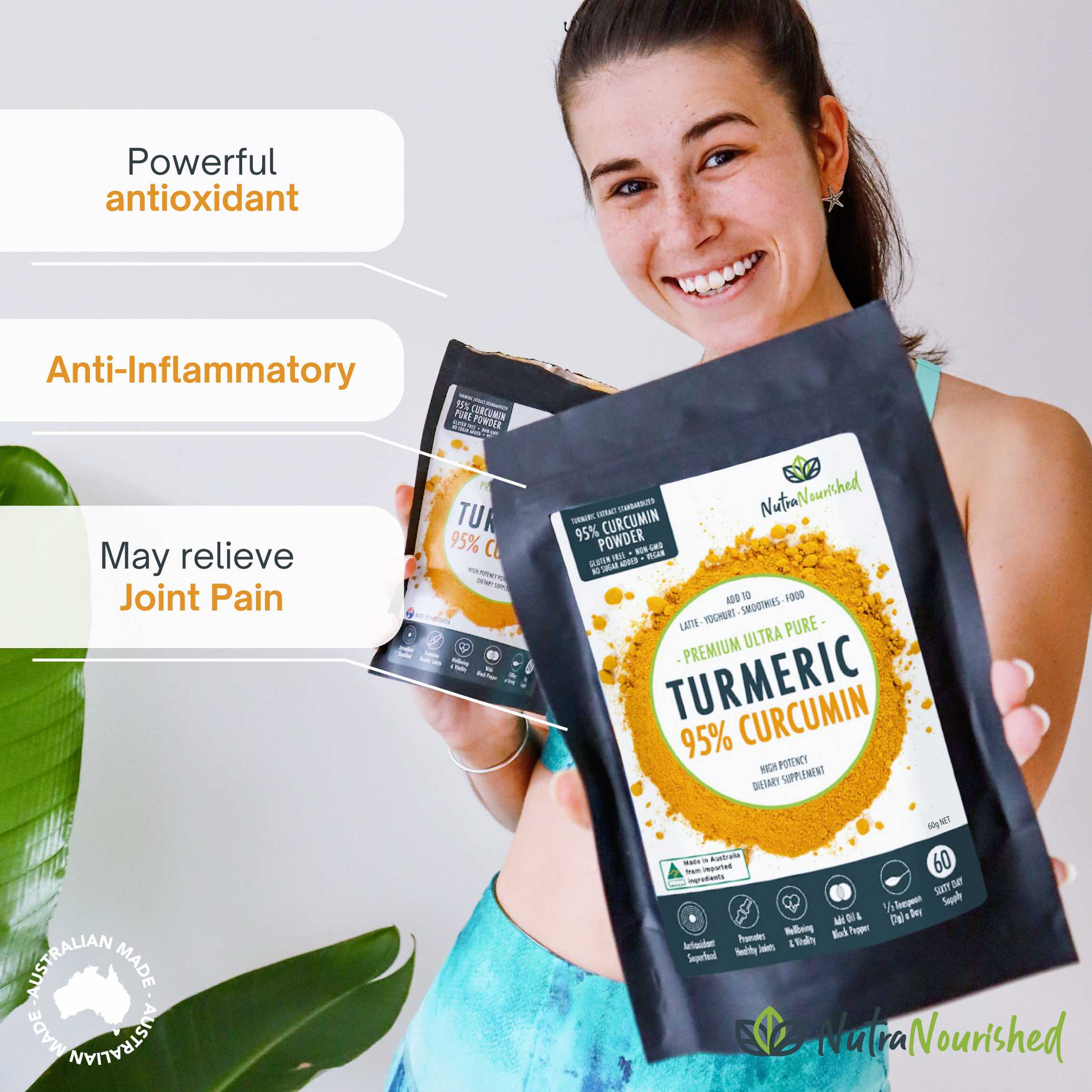 Vitamins & Supplements: Pure Organic 95% Curcumin Powder (60g/1 month supply) - 1500mg of Turmeric Extract Buffered with Black Pepper