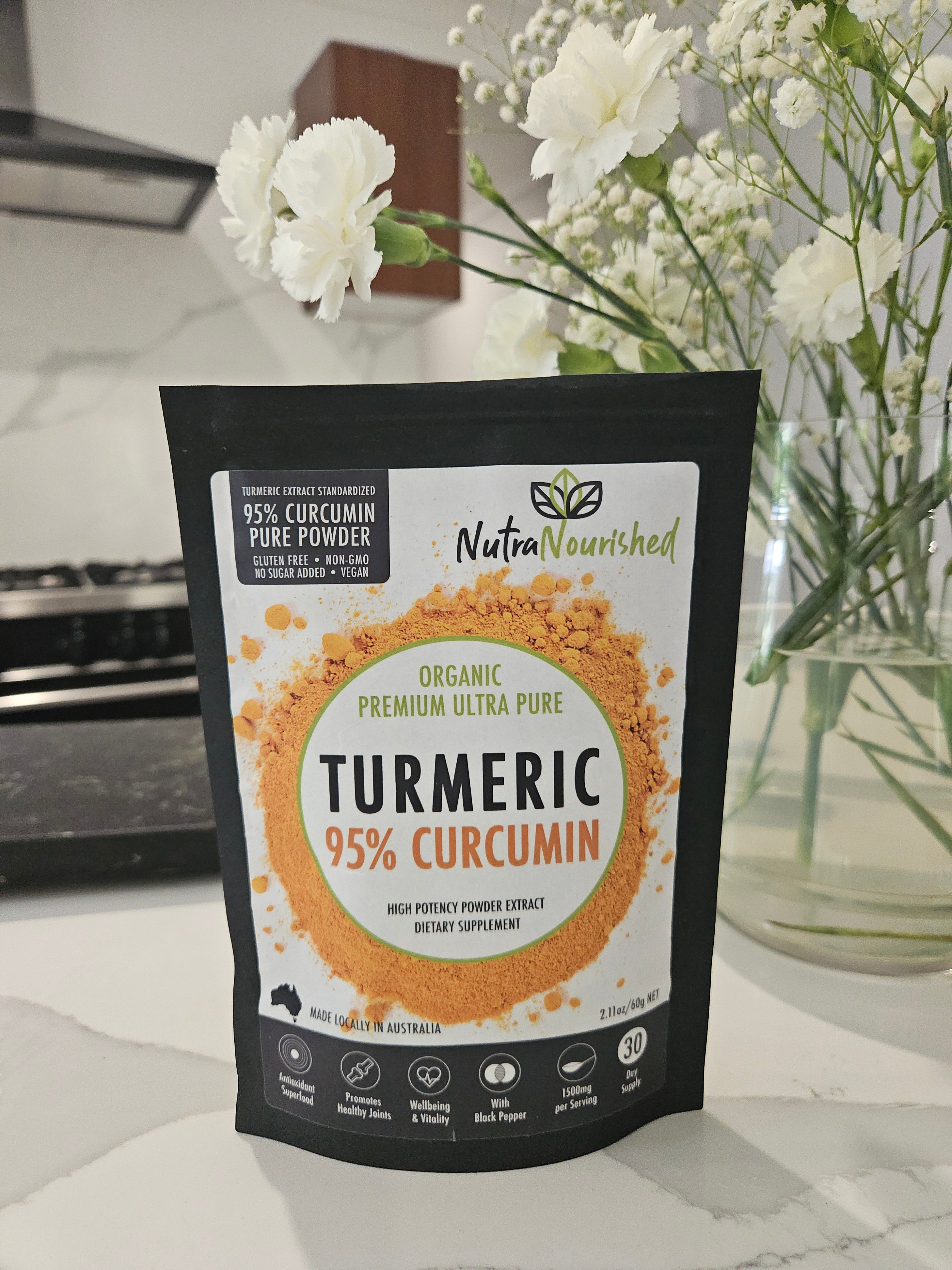 Vitamins & Supplements: Pure Organic 95% Curcumin Powder (60g/1 month supply) - 1500mg of Turmeric Extract Buffered with Black Pepper