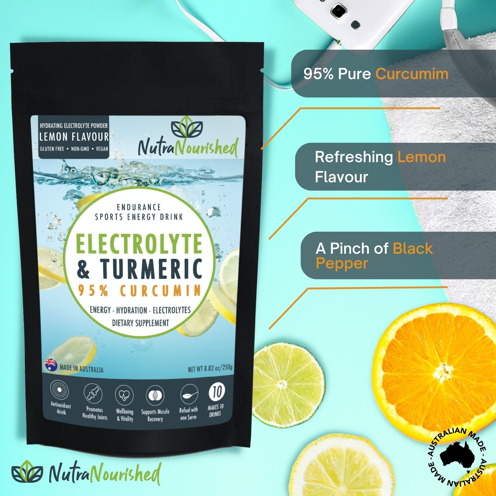 Pharmaceutical Supplies: Electrolyte Powder & 95% Pure Organic Curcumin - Lemon Flavour, 250g