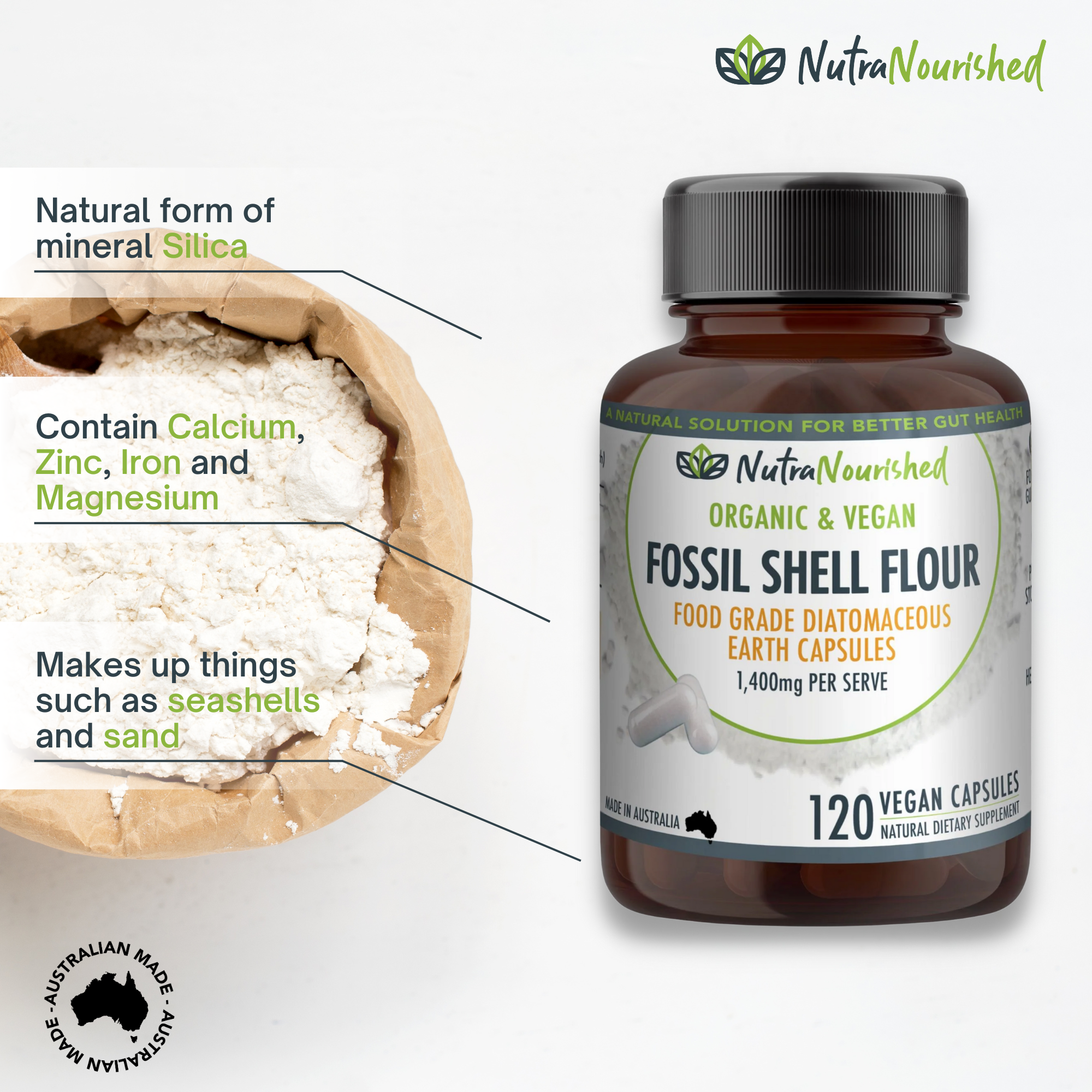 Vitamins & Supplements: Fossil Shell Flour Capsules (vegan)- Food Grade Diatomaceous Earth 120 caps