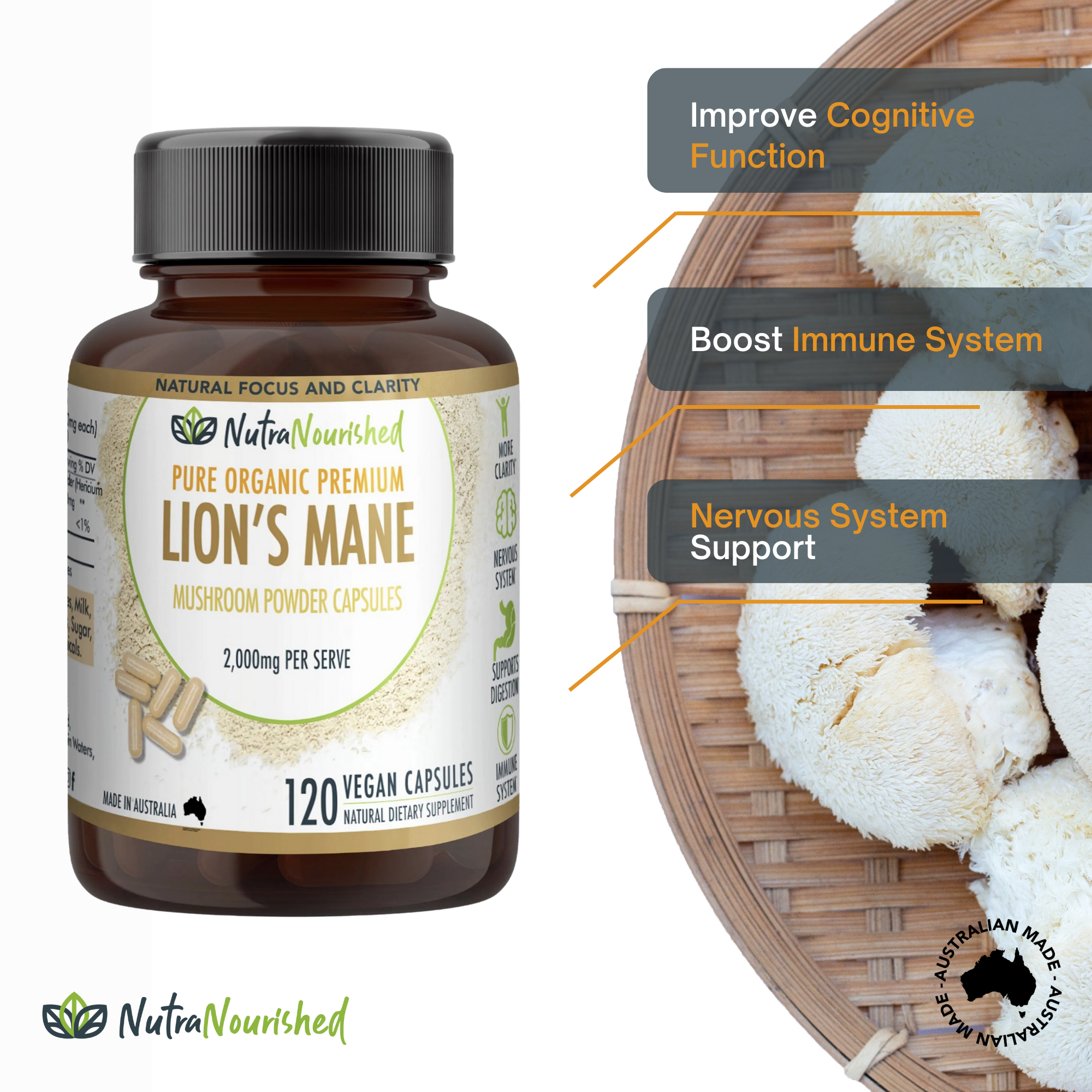 Vitamins & Supplements: Lion's Mane Mushroom Hericium erinaceus (2,000mg) 120 Vegan Capsules