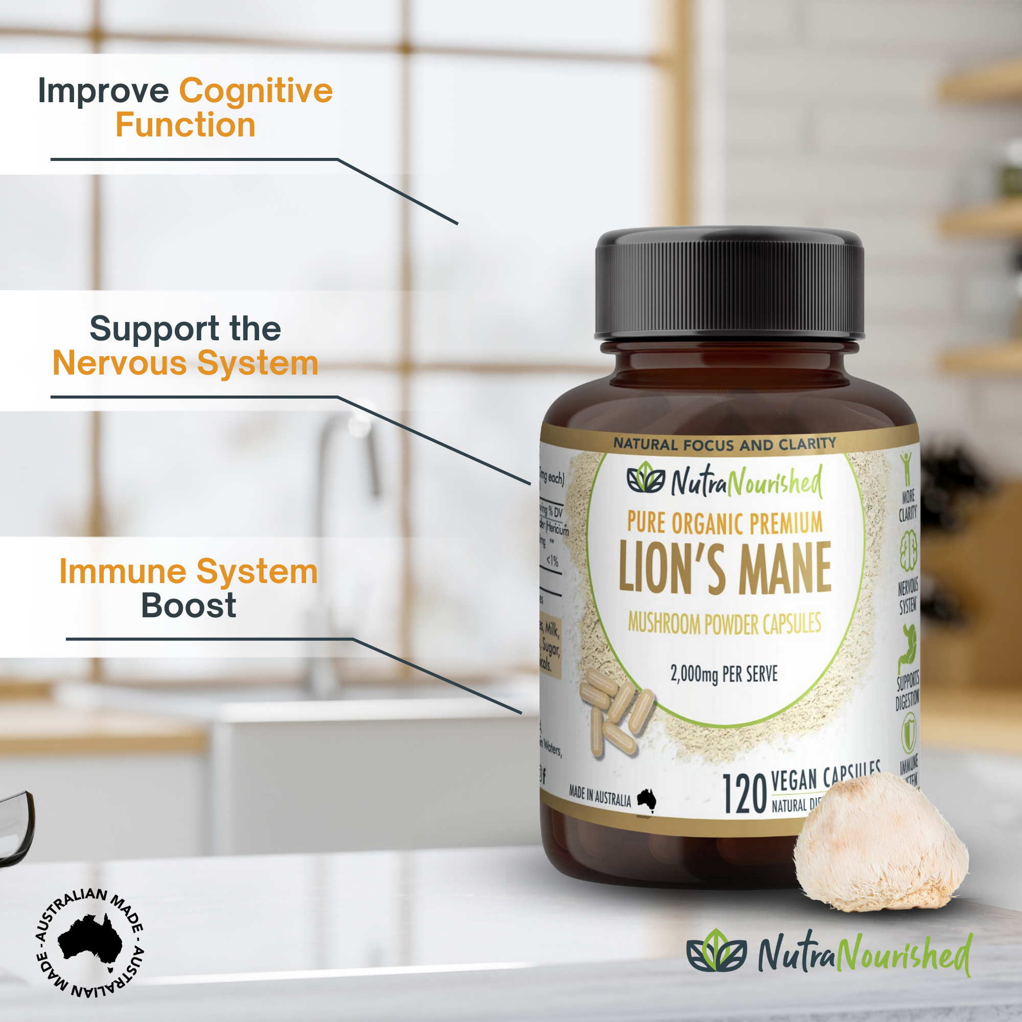 Vitamins & Supplements: Lion's Mane Mushroom Hericium erinaceus (2,000mg) 120 Vegan Capsules