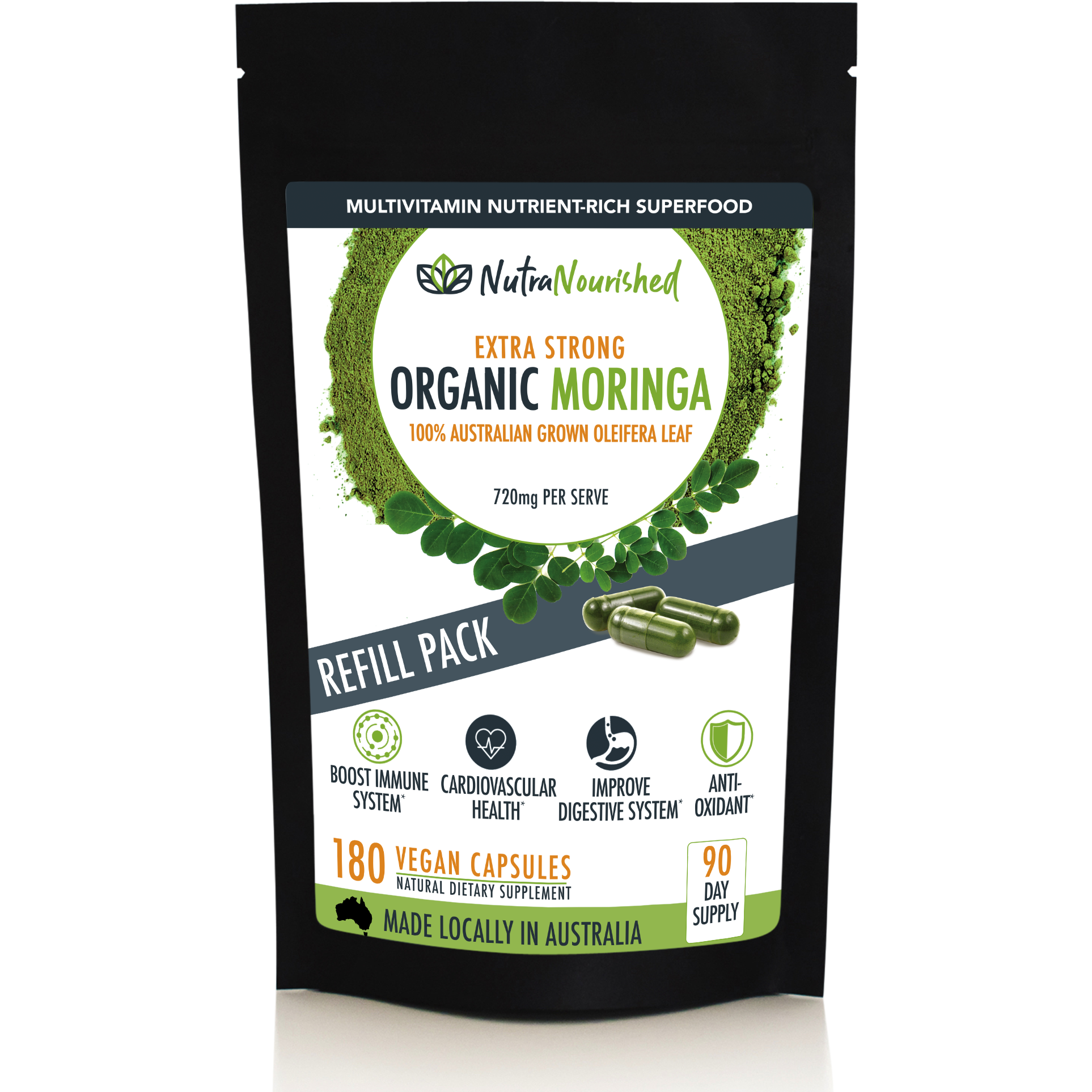 Vitamins & Supplements: REFILL BAG - Organic Moringa Leaf Capsules - 180 Vegan Capsules