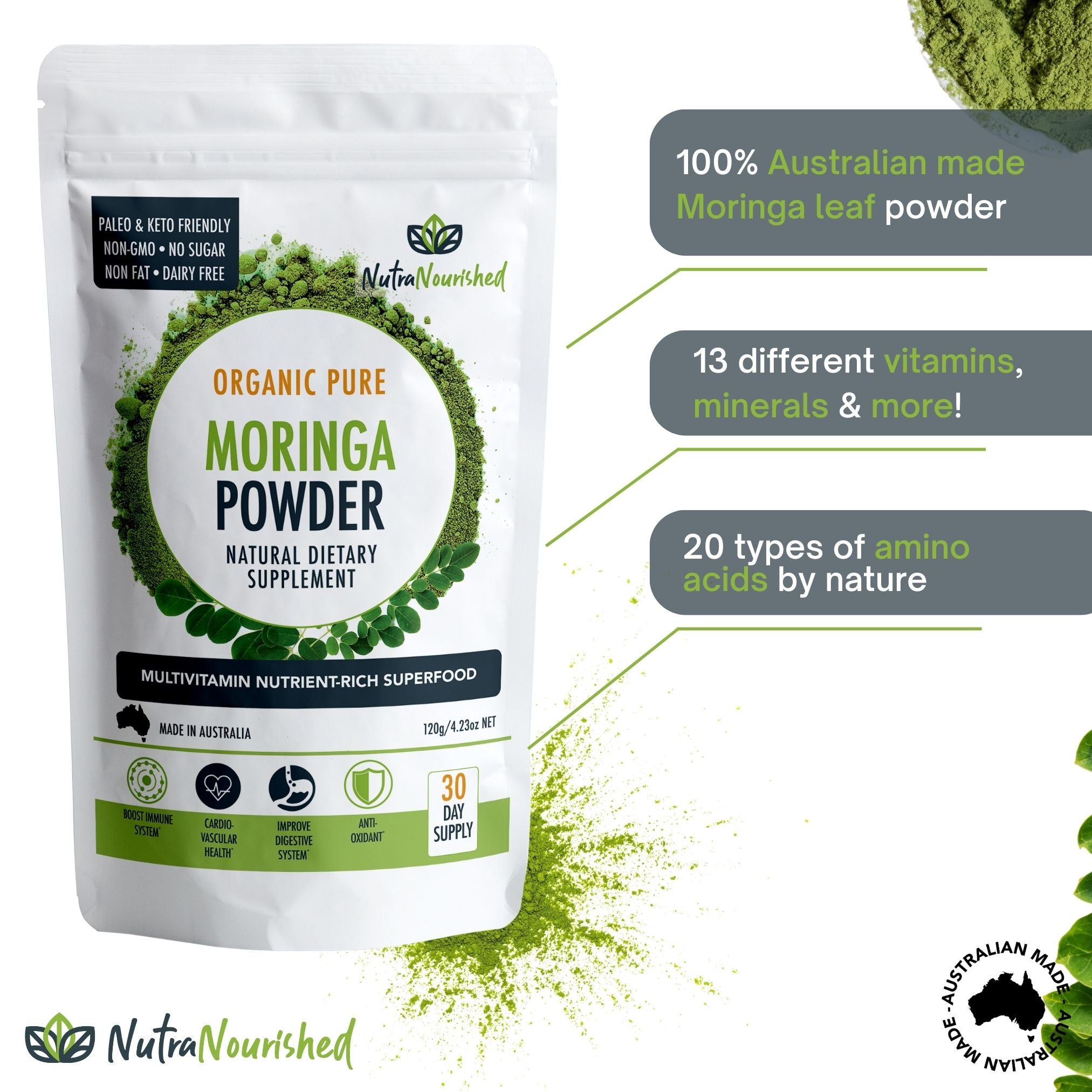 Vitamins & Supplements: Organic Pure Moringa Leaf Powder 120g