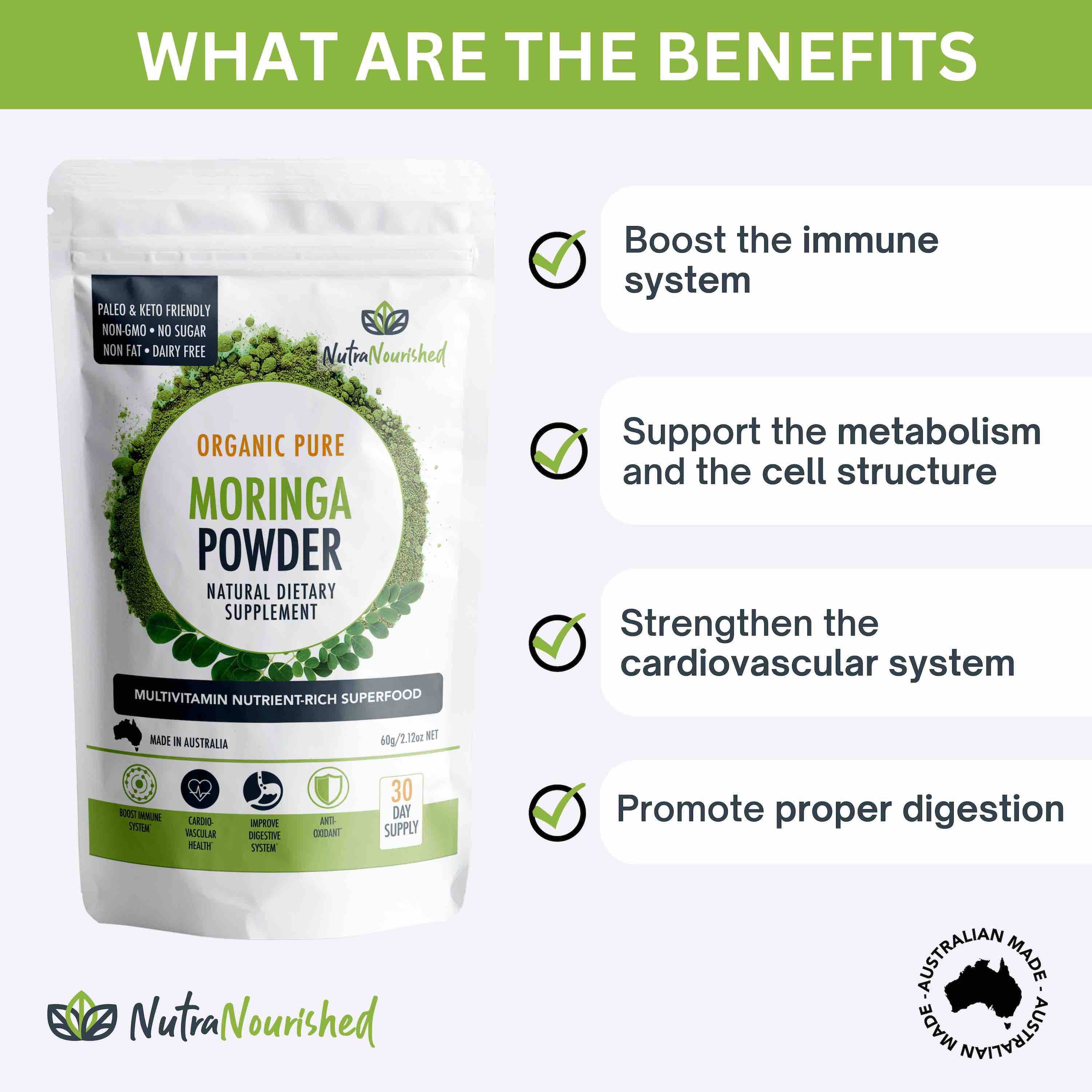 Vitamins & Supplements: Organic Pure Moringa Leaf Powder 60g