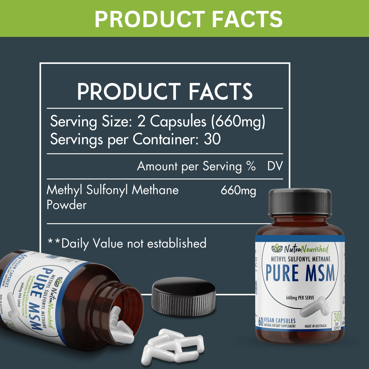 Pure MSM Capsules - Methyl Sulfonyl Methane - (660mg), 60 Vegan Capsules/1 Month