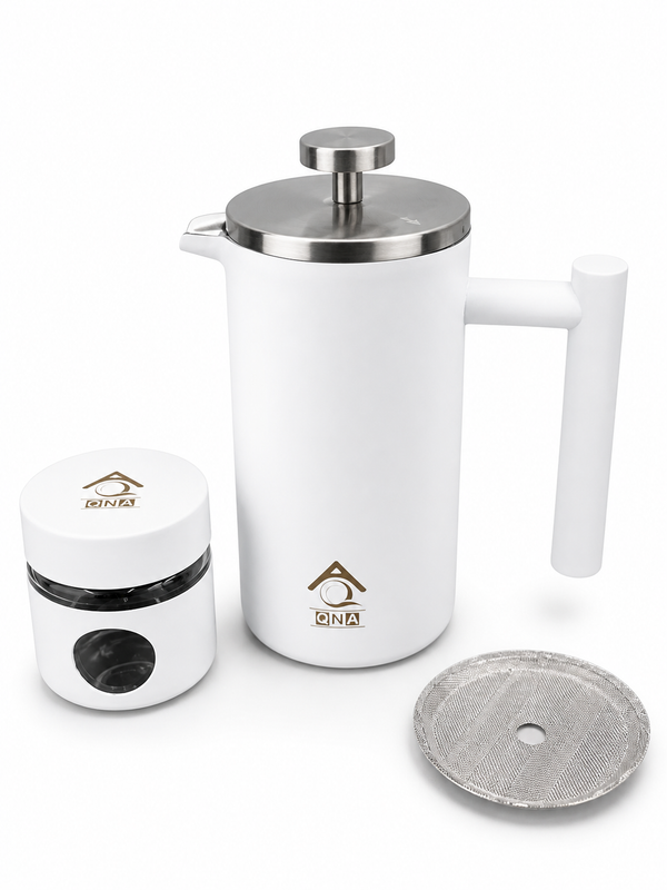 White French Press Coffee Maker 1000ml with Coffee Bean Can + Extra Filter Gift Set