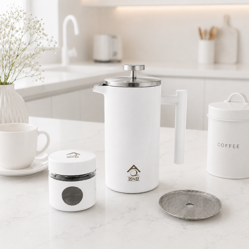 White French Press Coffee Maker 1000ml with Coffee Bean Can + Extra Filter Gift Set