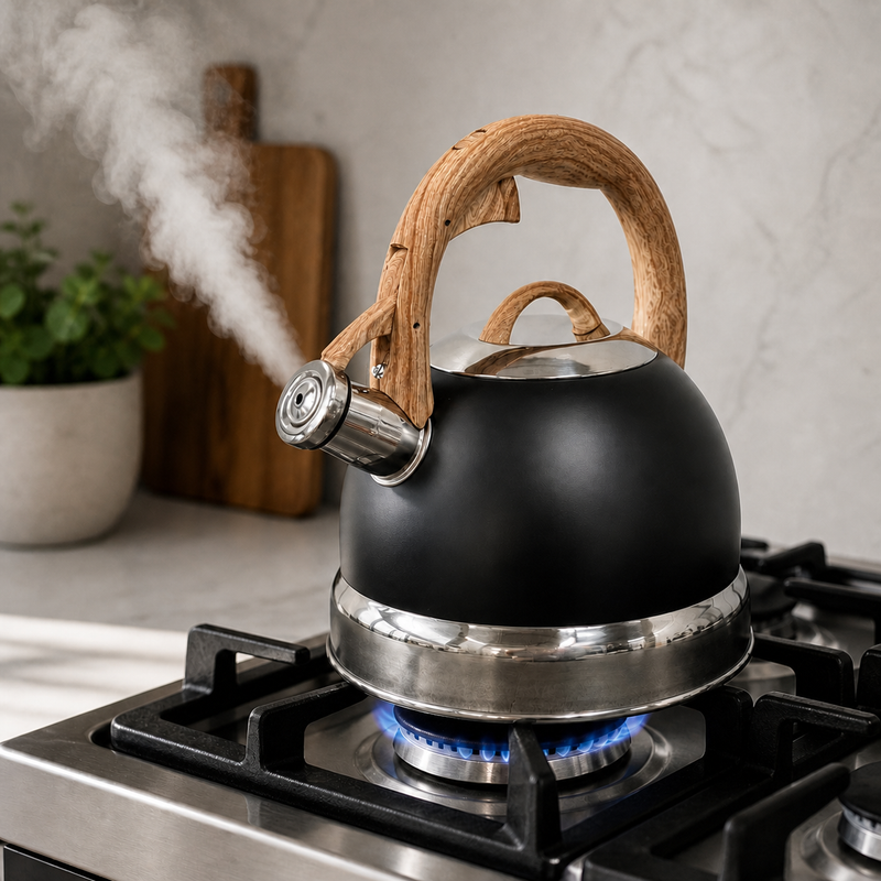 2.9L Whistling Kettle Stainless Steel Foldable Handle Camping Home Office Black