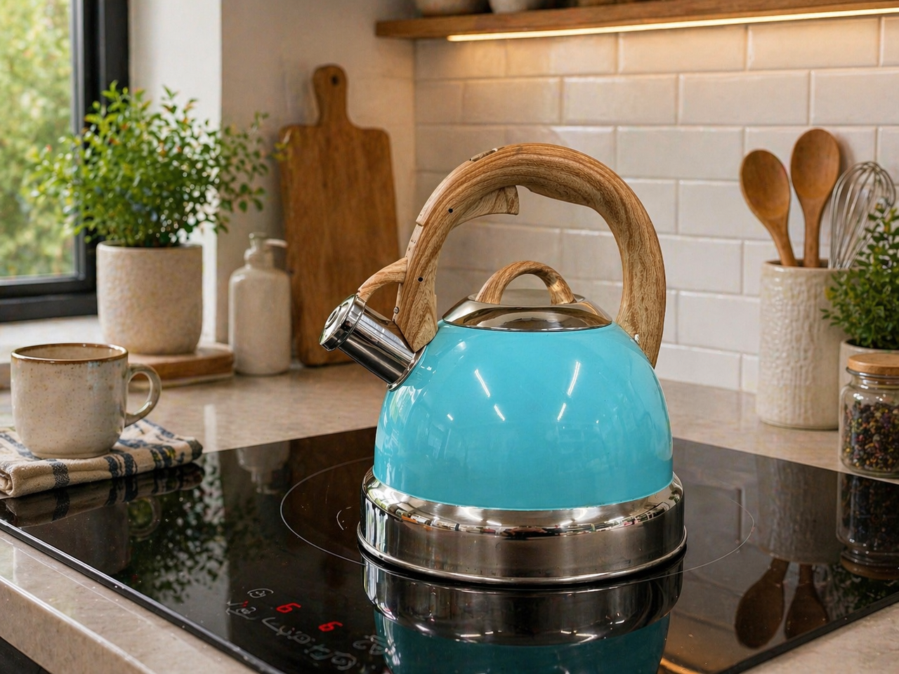 2.9L Whistling Kettle Stainless Steel Foldable Handle Camping Home Office Blue