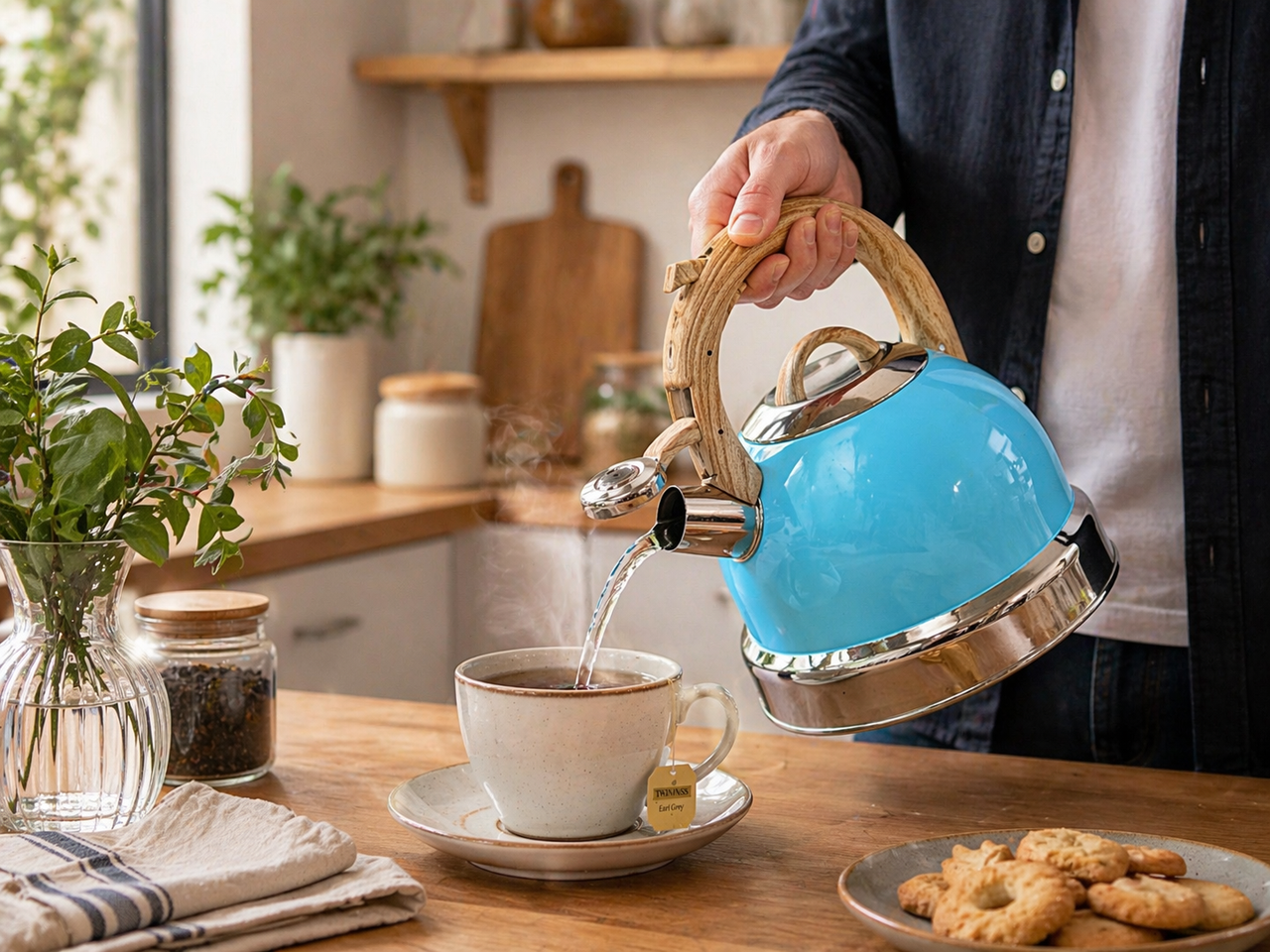 2.9L Whistling Kettle Stainless Steel Foldable Handle Camping Home Office Blue