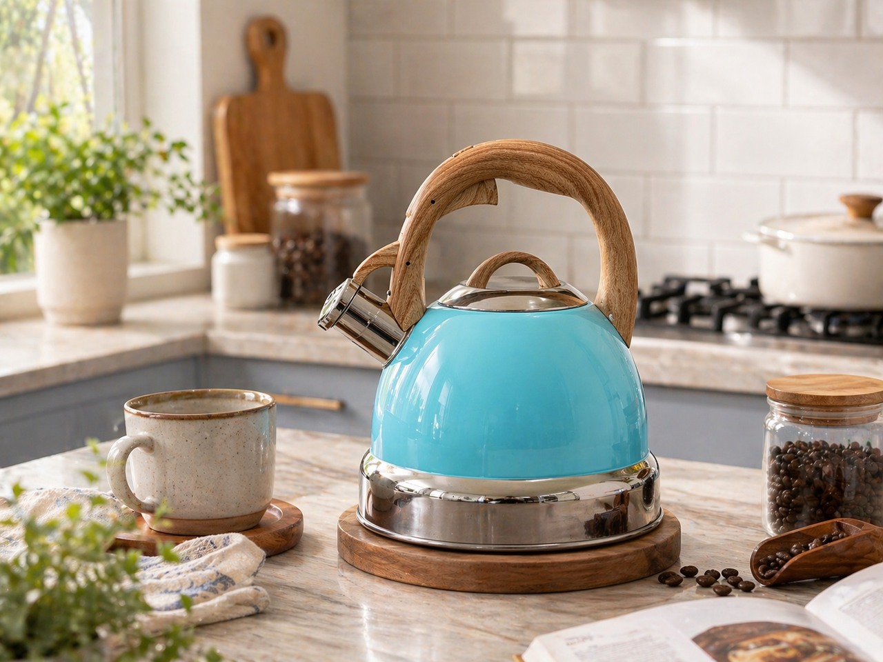 2.9L Whistling Kettle Stainless Steel Foldable Handle Camping Home Office Blue