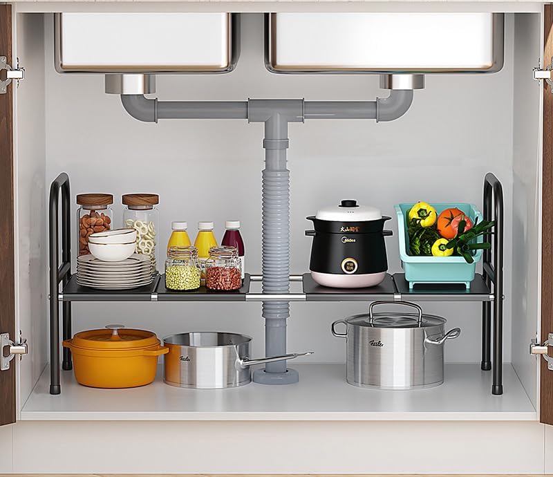 Storage Cabinets & Lockers: Extendable Storage Rack Under Sink Shelf  Kitchen Organizer black